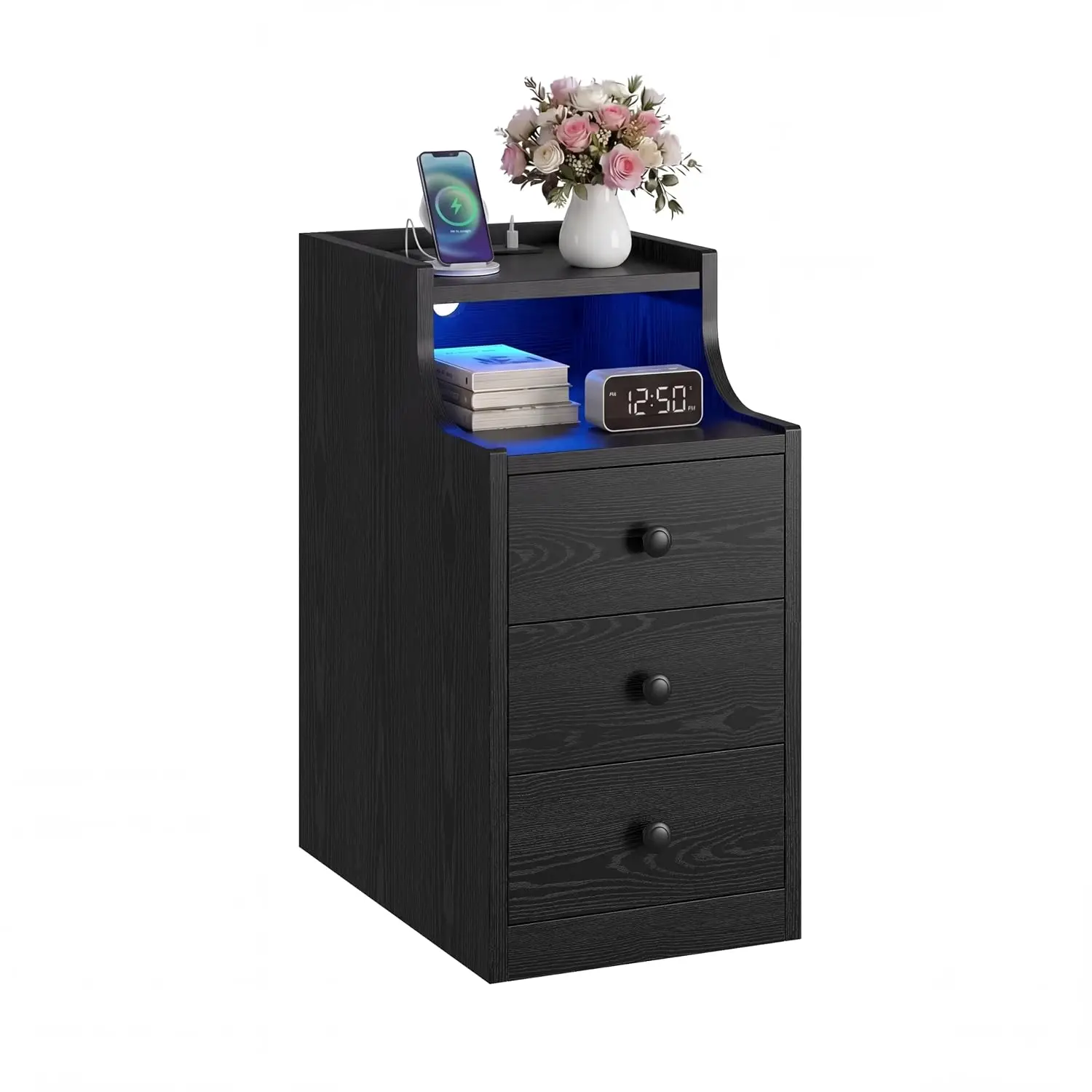Narrow Nightstand with Charging Station & LED Lights, Modern End Table with 3 Drawers & Open Shelf, Side Table for Living Room B