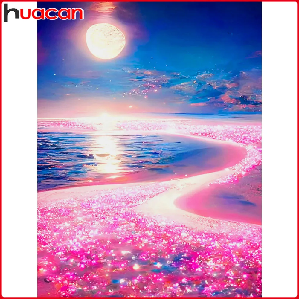 Huacan Neuheiten 2026 Diamantmalerei Mond am Strand Diamant-Mosaik Landschafts-Set Dekorative Gemälde
