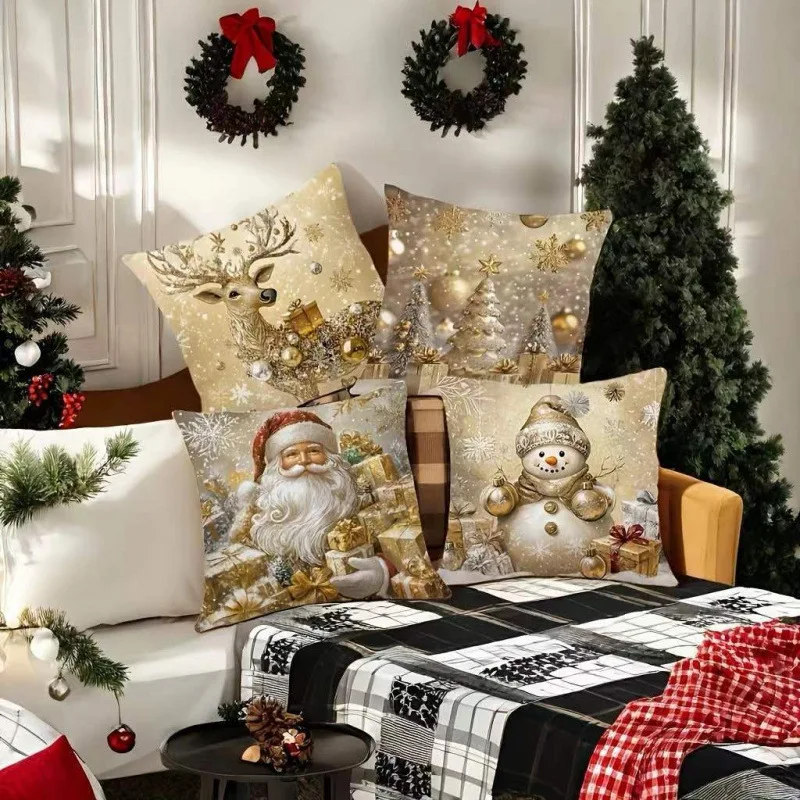 4Pcs/set Santa Pillow Cover Holiday Home Sofa Pillow Cushion Cover Christmas Decoration 45x45cm