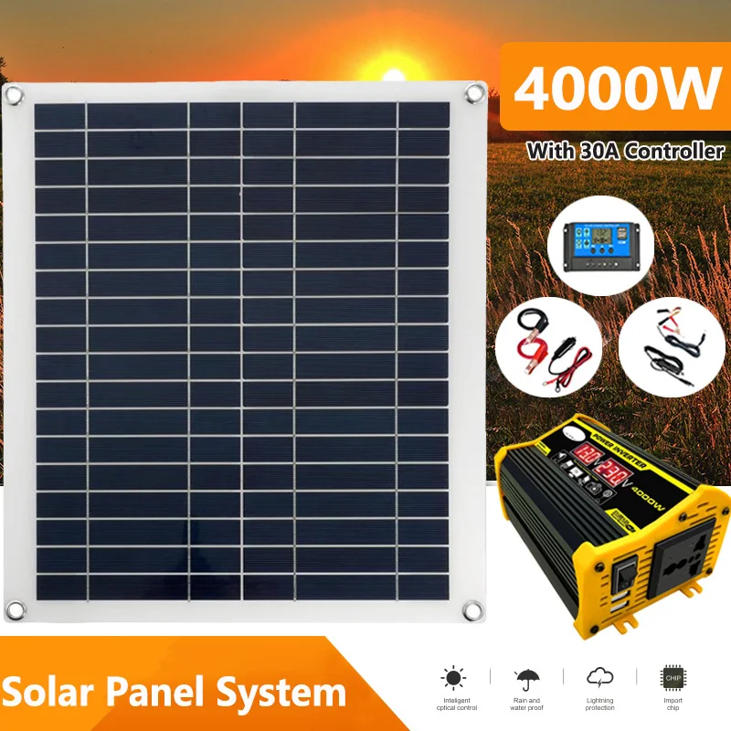 12V to 110V/220V Solar Power System 25W Solar Panel+30A Charge Controller+4000W Modified Sine Wave Inverter Power Generation Kit