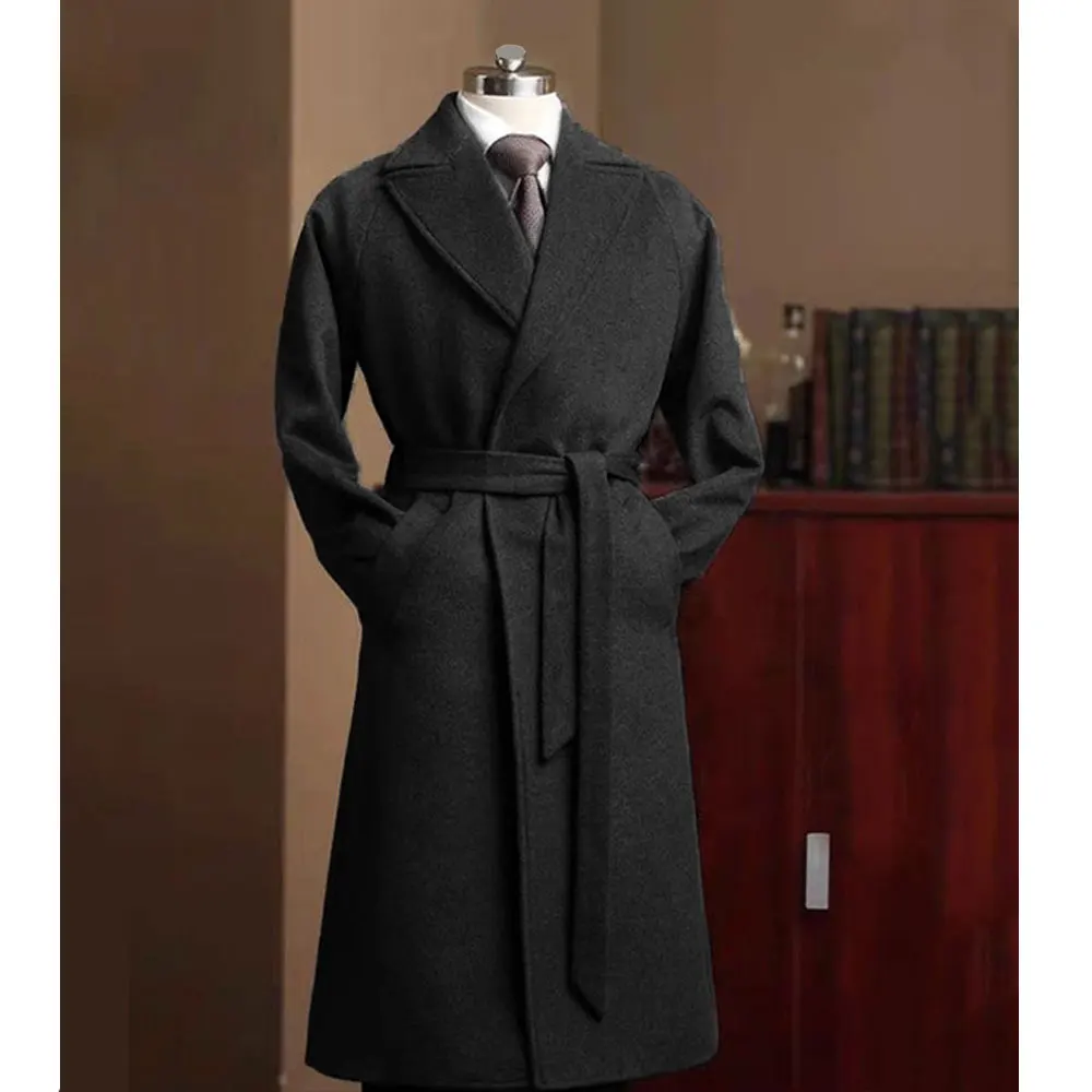 Casaco de lã longo elegante masculino, corta-vento, Monocromático, Casual, Roupa de negócios, Cavalheiro, Outono, Inverno