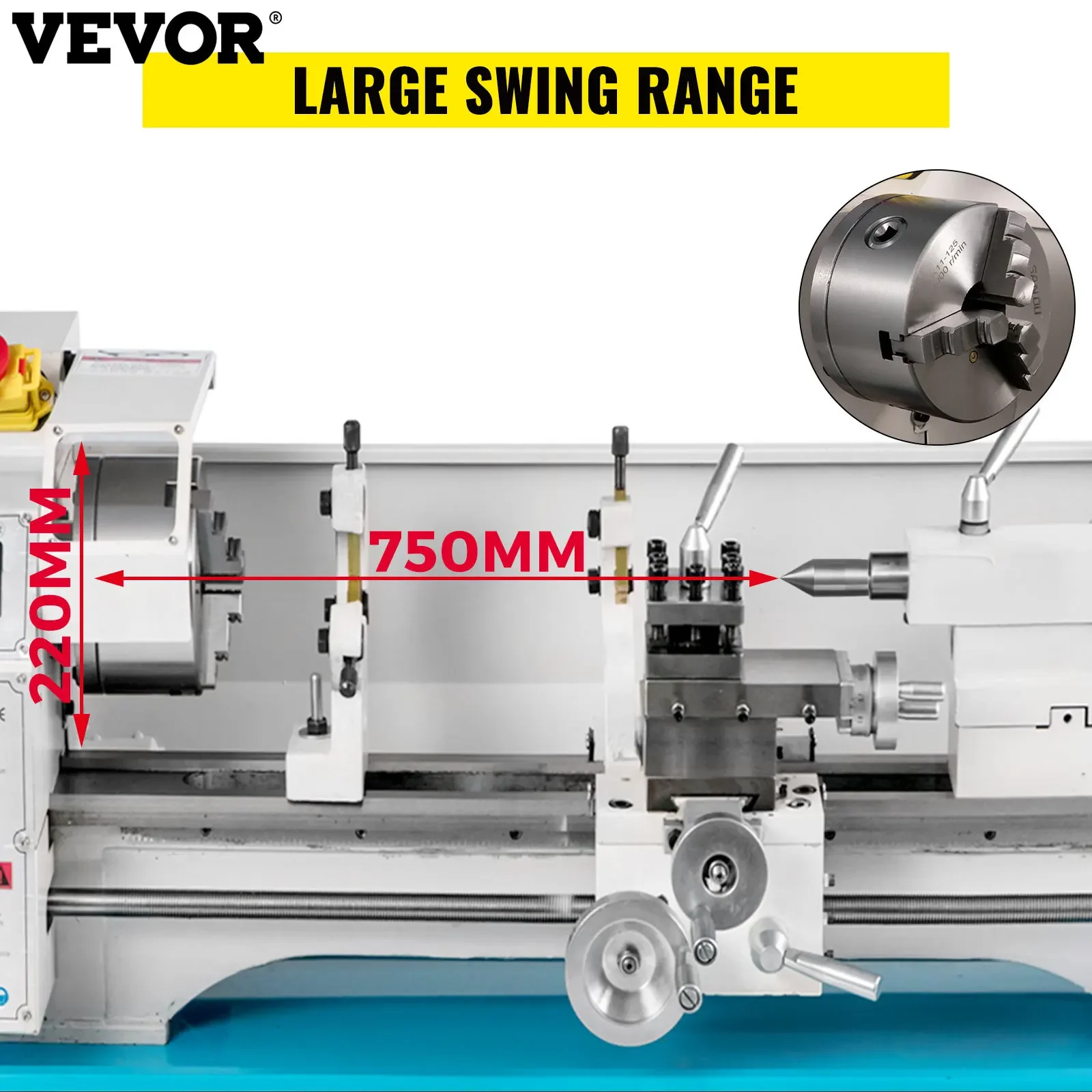 VEVOR 1100W Lathe Machine Mini Metal 38mm Chuck 125mm Infinitely Variable Speed 220X750cm with LED Screen and Tools accessories