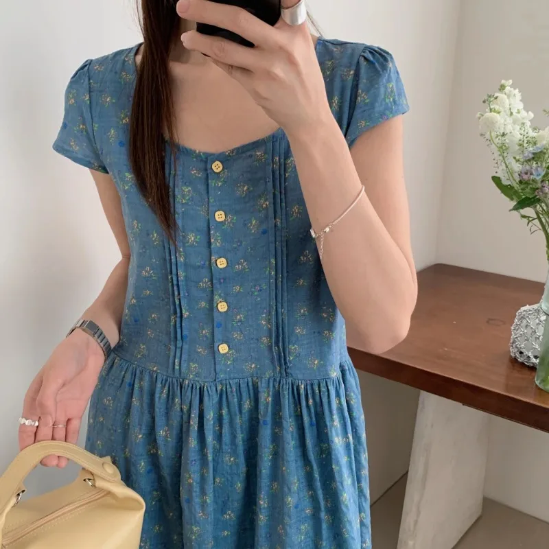 Sukienka koszulowa damska w stylu vintage z długim kwiatowym wzorem, wykonana w 100% z czystej bawełny, letnia sukienka midi z kwadratowym dekoltem i szarfą, odzież damska 2025