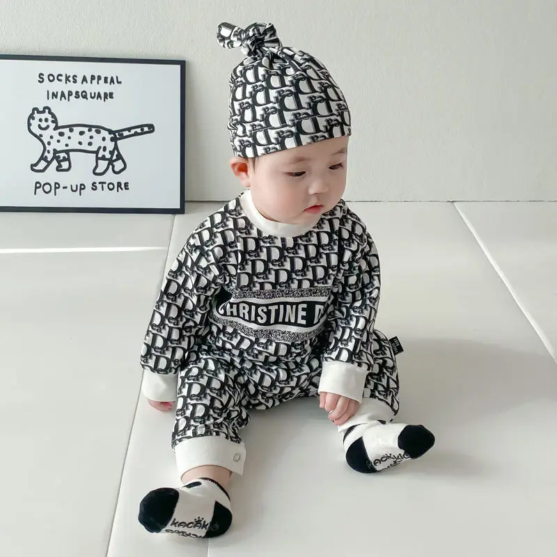 Spring and Autumn New Newborn Baby Onesie Boys Romper with Hat Letter Printed Baby Girls Climbing Clothing Kids Outfits