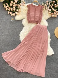 Beach Chiffon Two Piece Sets Women Summer Sleeveless Tank Tops Blouse and Pleated Long Skirts Outfits Ladies Elegant Suits