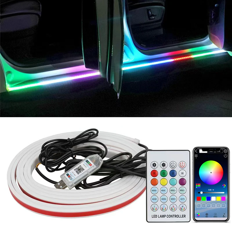 2IN1 150cm Neon LED Car Ambient Welcome Door Skirt Lights App Remote Auto Sill Panel RGB Flexible Streamer Strip Decorative Lamp