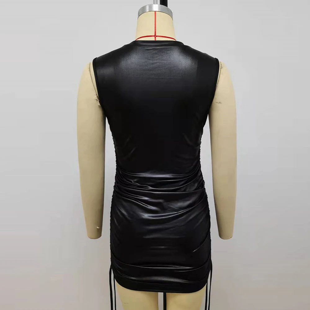 Women Sexy Summer Pu Leather Party Dress Strapless Solid Slim Sleeveless Bodycon Dress Drawstring Multicolor Mini Prom Dresses