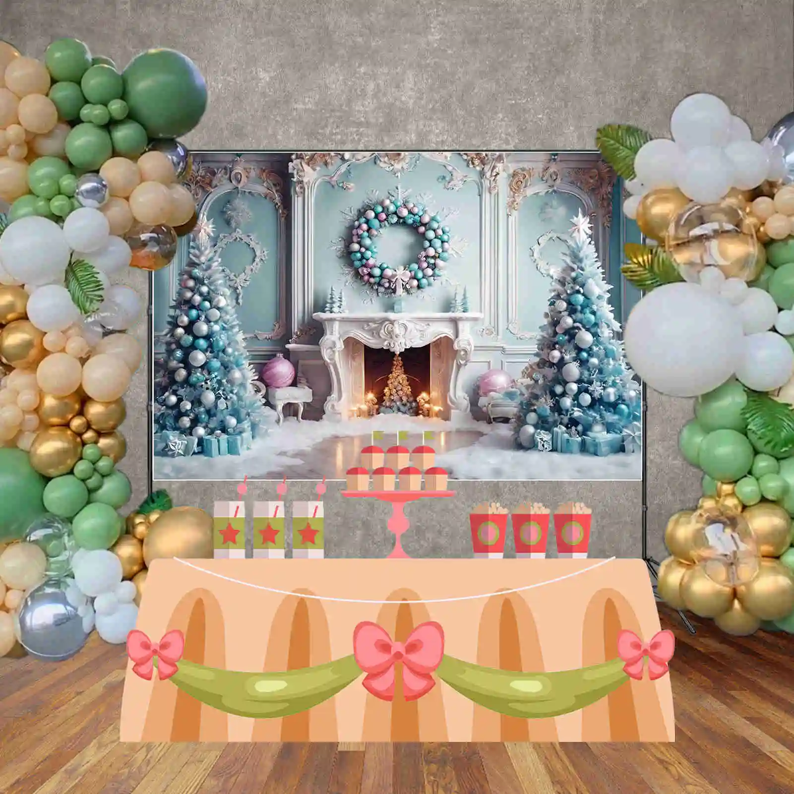 MOON.QG 크리스마스 트리 배경, 거실 빈티지 서양 화환 벽난로 배경, 파티 장식, 포토 존 액세서리
