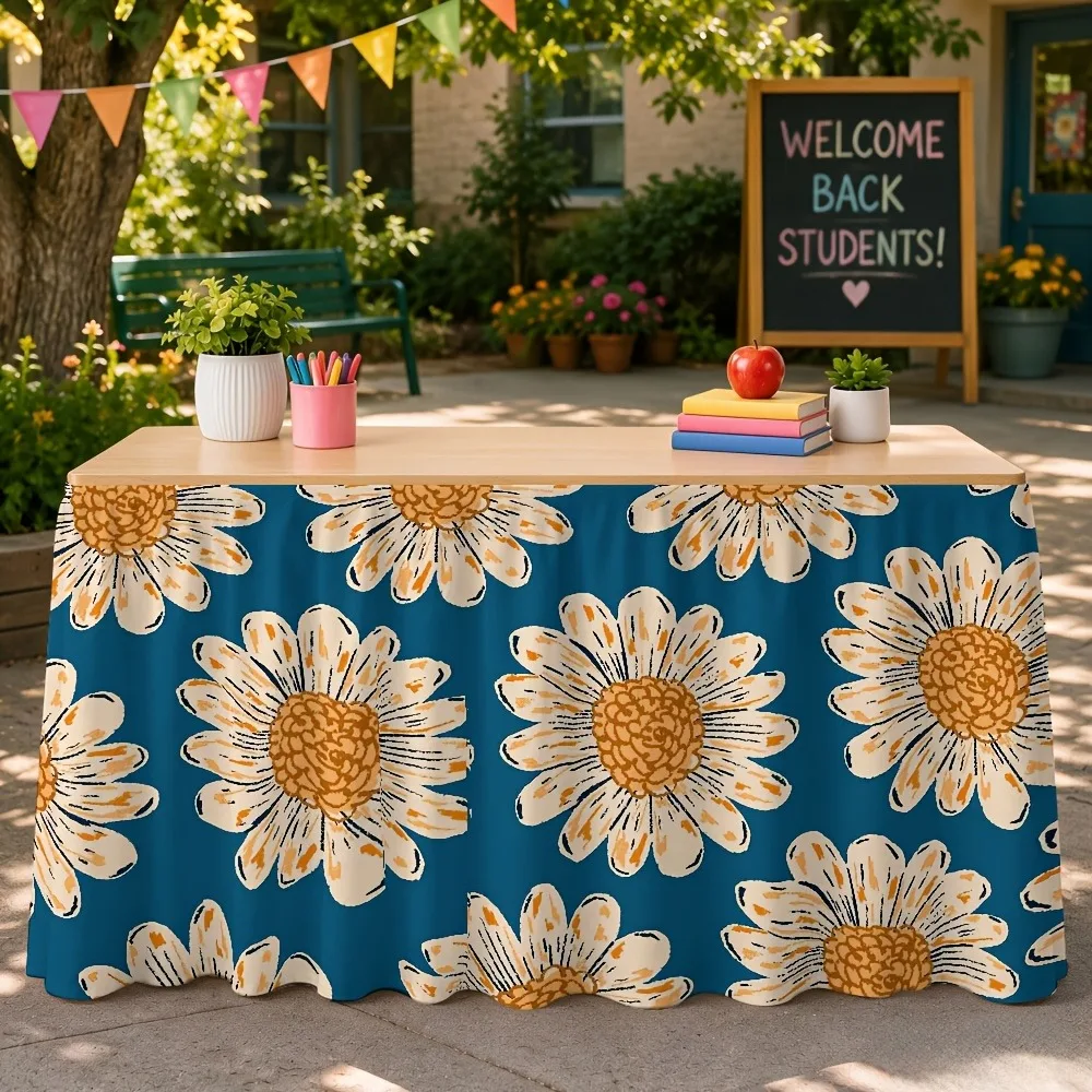 Daisy-patterned printed table skirt. Suitable for birthday parties, indoor home decoration and festival celebrations.