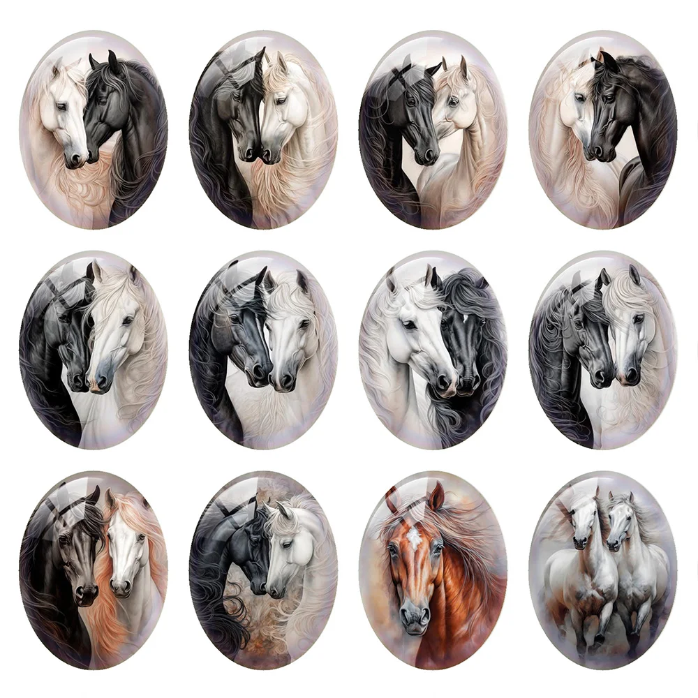 

Random Mixed Round/Oval/Square Couple Horse Black White Photo Glass Cabochon Flatback Demo Cameo For Diy Jewelry Making