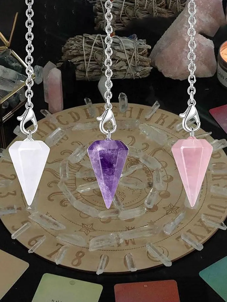 pendule divinatoire de haute précision radiesthésie en pierre naturelle, petit pendentif en pierre naturelle, quartz rose véritable, amethyste cristal de roche, quartz clair, pendule de spirituel