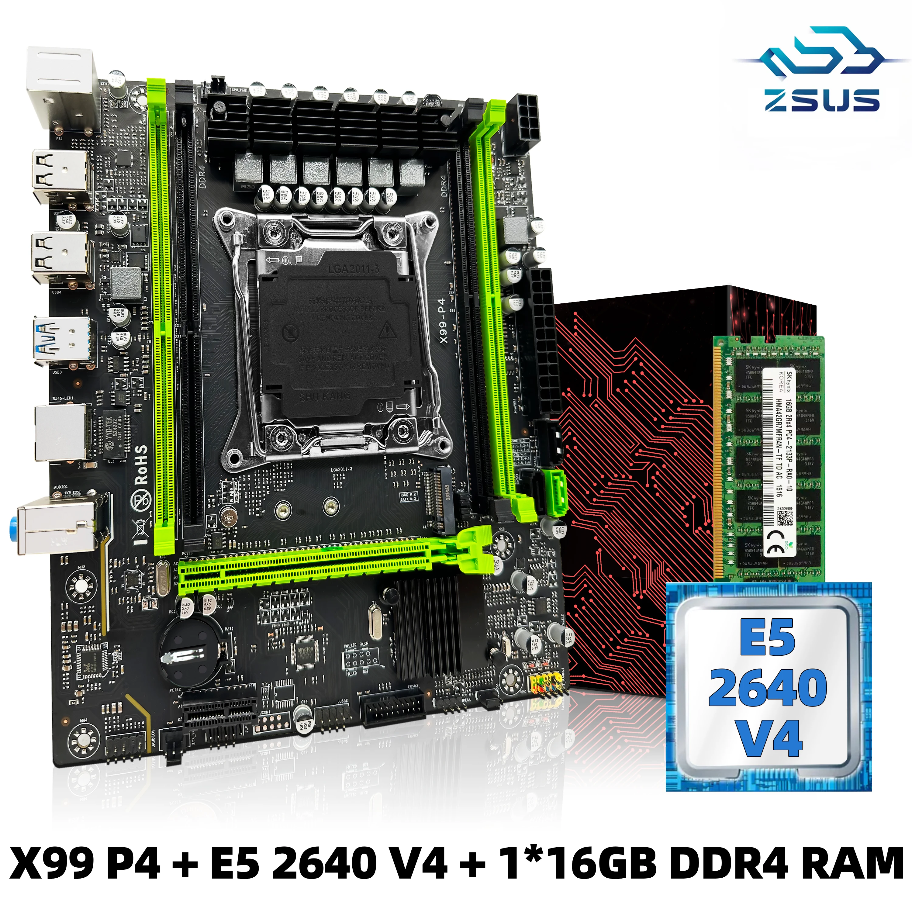 ZSUS X99 P4 Alaplap állítsa készlet vel Intel LGA2011-3 xeon E5 2640 V4 CPU DDR4 16GB (1*16GB) 2133MHZ Cölöpverő memória NVME M.2 SATA