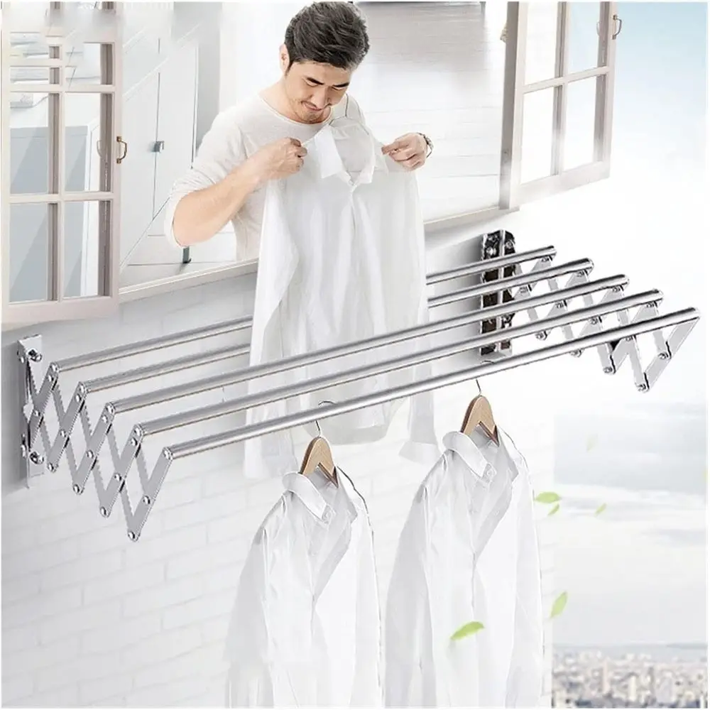 

Space-Saving Stainless Steel Wall-Mounted Retractable Clothes Drying Rack, 110cm/43.3in, Silver