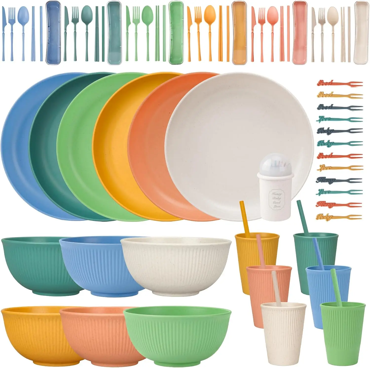 

66pcs Unbreakable Tableware Sets for 6 People, Plastic Plates and Bowls Set,Lightweight Plastic Reusable Plates, Bowls, Cups,Cut