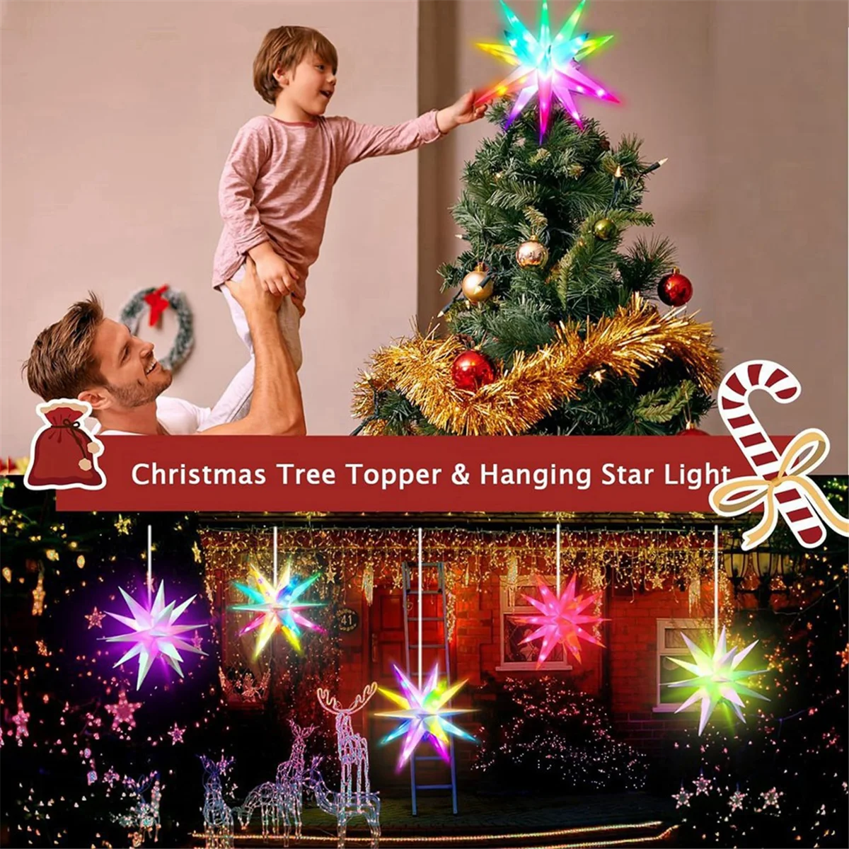 Christmas Star Tree Decor 3D Moravian Star Decor Bluetooth App Control Music Sync LED Christmas Light with Remote 40CM