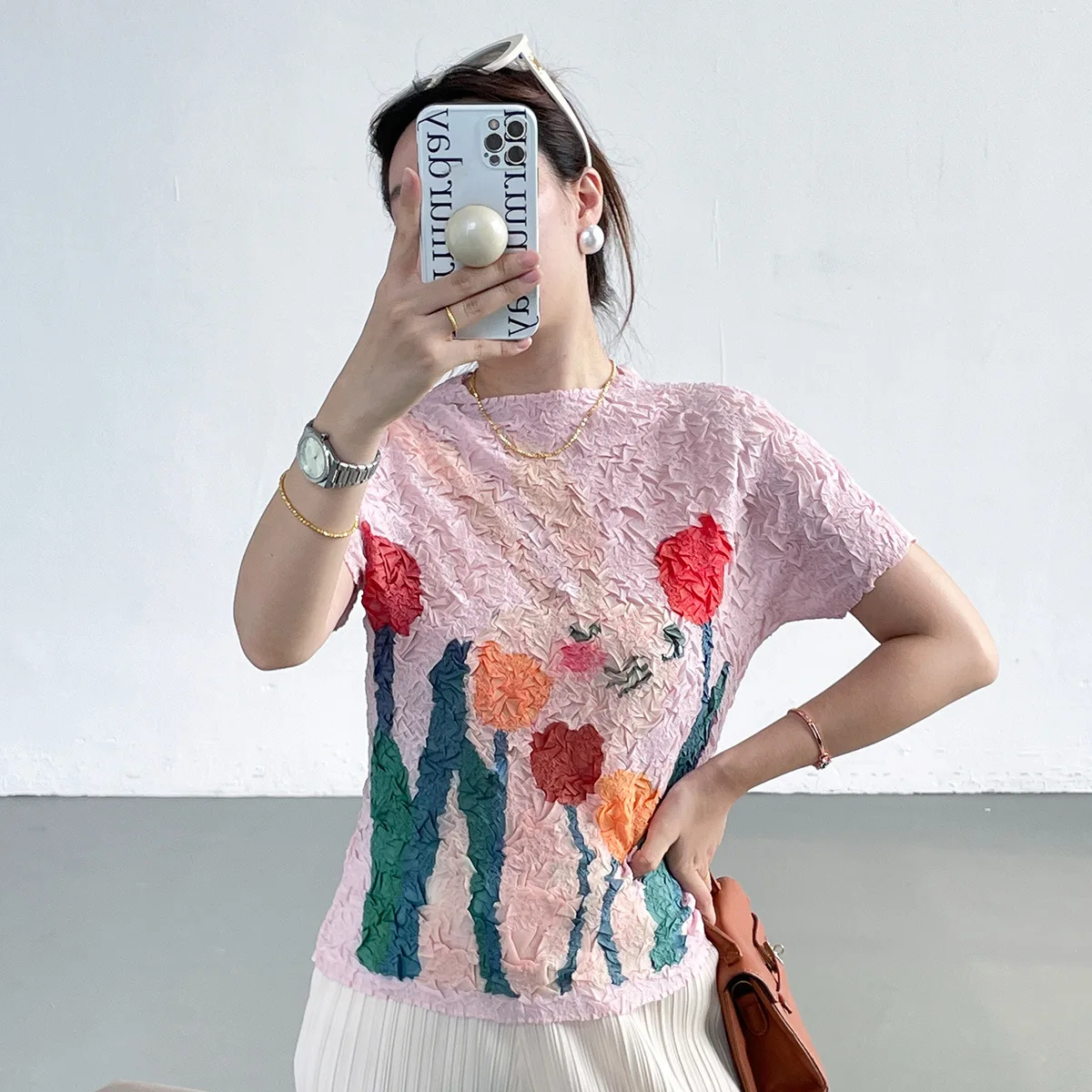 

Miyakaya Style Pleated Top for Women 2025 New Oil Painting Printed Floral High Elastic Short-sleeved O Neck Versatile T-shirt