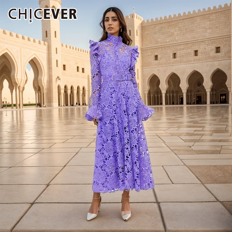 

CHICEVER Long Dress Embroidery Chic For Women Stand Collar Flare Sleeve High Waist Spliced Belt Vintage Lace Dresses Female New