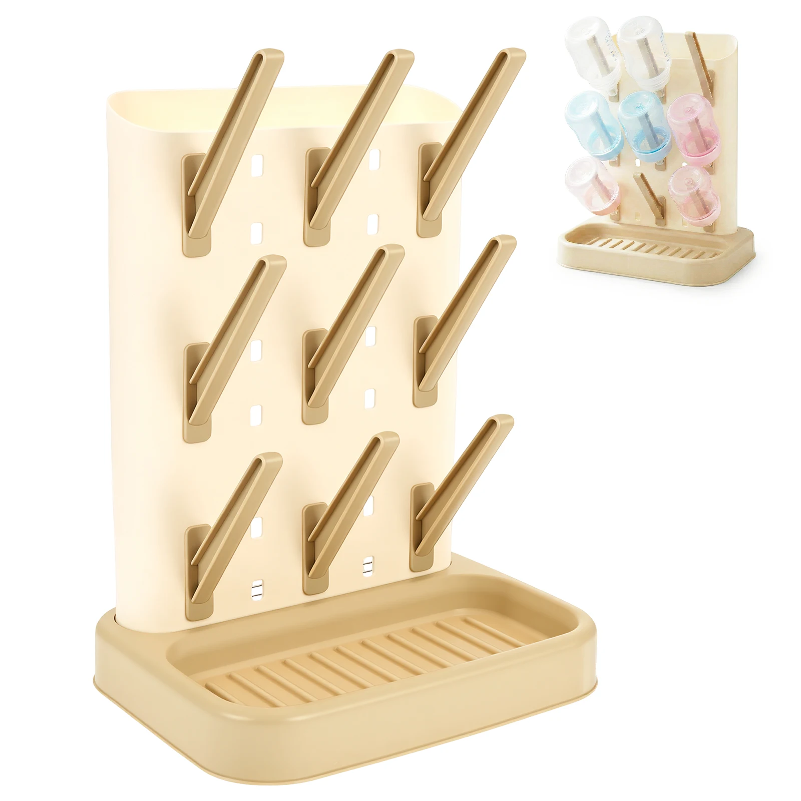 Baby Bottle Drain Rack Large Capacity Vertical Standing Bottle Dryer Holder with Detachable Bottom Drip Tray Water Cup Organizer