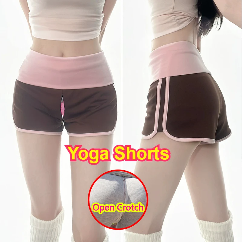 Women's Open Crotch Patchwork Sexy Exercise Shorts Butt Lifting Push Up Mini Leggings Outdoor Play Shorts Crotchless Gym Pants