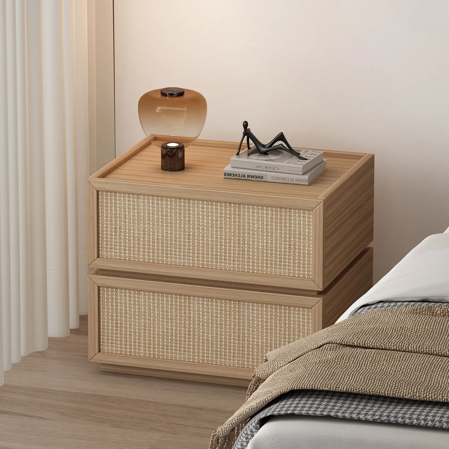 Simple modern solid log wind bedside table Nordic creative Japanese rattan cloth bedroom Famous hotel high-end bedside table