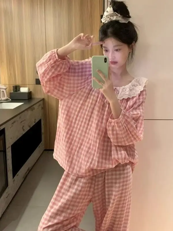 Korean Style Sweet Lace Trim Sleepwear Long Sleeve Cloud Cotton Silk Home Clothes Set for Girls Spring Autumn New Arrival