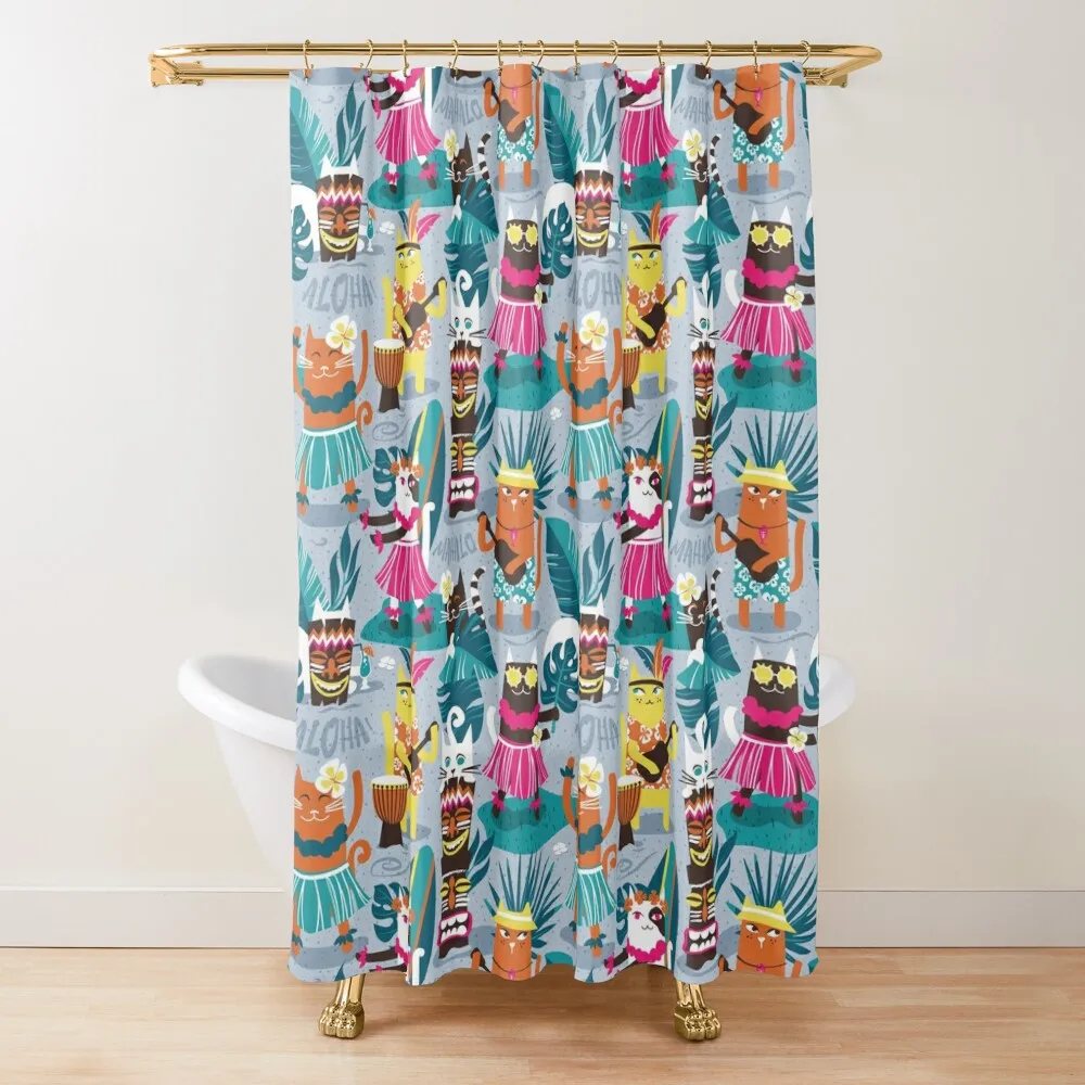 Secret Hawaiian night beach party // pastel blue background gold drop orange illuminating yellow dark oak brown a Shower Curtain