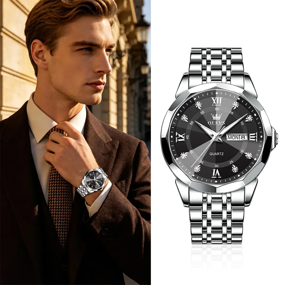 OLEVS Men's Watches Trend Fashion Original Quartz Wristwatch Waterproof Luminous Date Week Roman Diamond Scale Business Dress