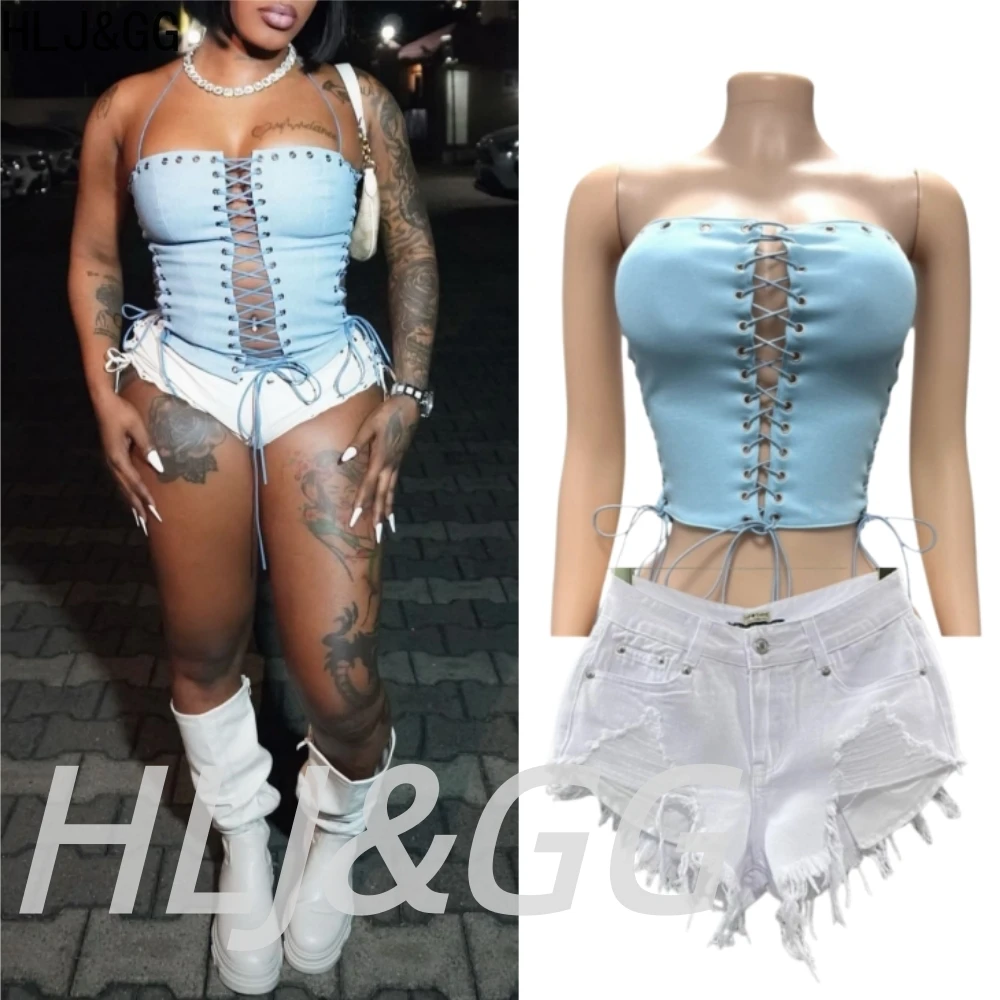 HLJ&GG Y2K Trend Fashion Stretchy Denim Shorts Two Piece Sets Women Off Shoulder Hollow Crop Top And Shorts Outfits Streetwear