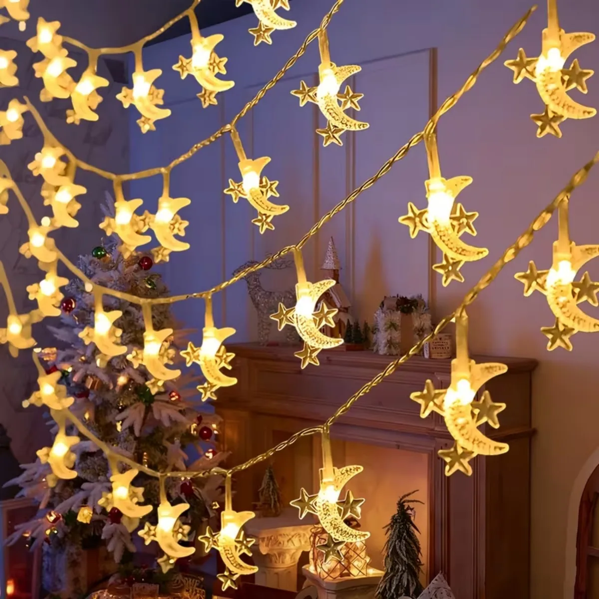 1pc LED Moon & 3 Star Dreamy and Romantic LED Fairy Ramadan String Lights Battery Operated For Bedroom Living Room Wedding Decor