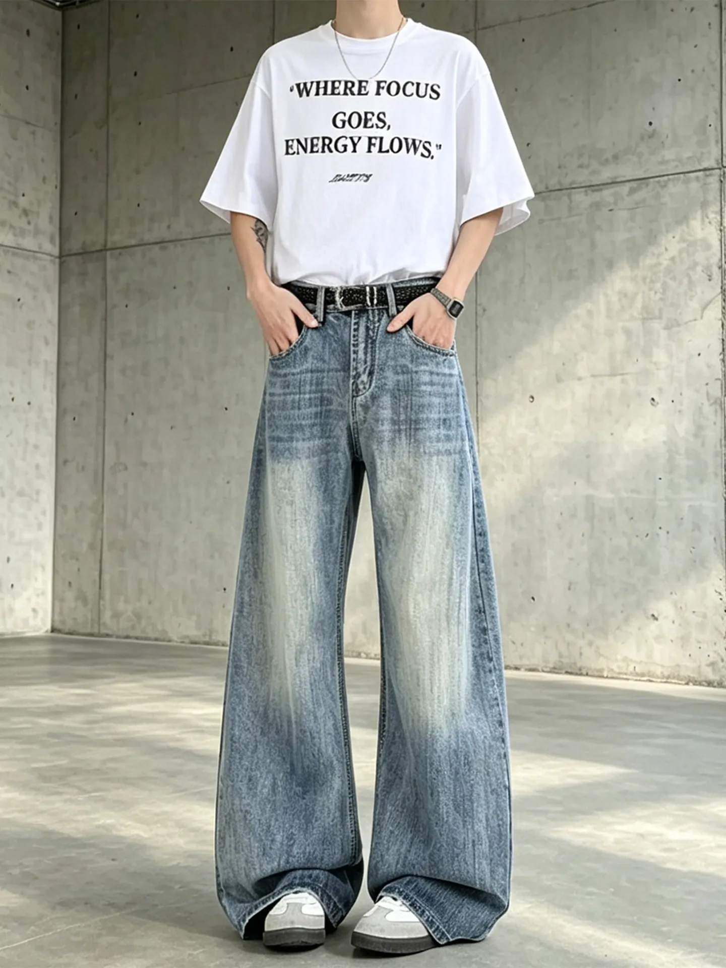 Retro Gradient Wide Leg Men's Jeans American Washed Loose Straight Casual Long Pants Draping Sensation Summer Floor-Length