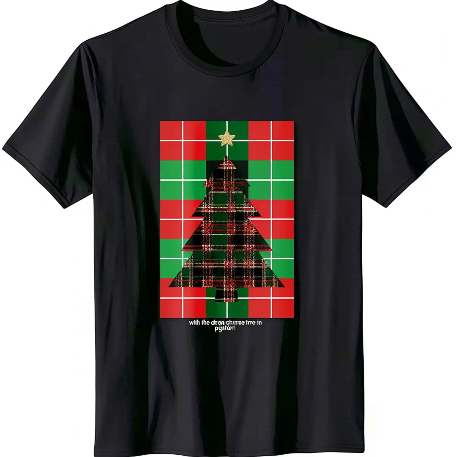 Stylish Black TShirt with Festive Christmas Tree Design in Red and Green