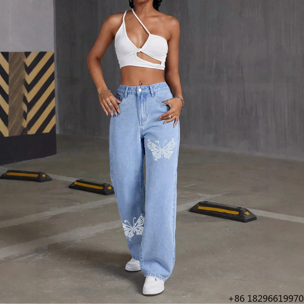 OEM Custom Wholesale 2026 Hot-selling Women Casual Stretch Washed Denim Fashion Straight Pants Jeans High Waist