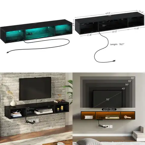 Supporto TV sospeso a parete con luci RGB, console multimediale nera, 47,2 pollici, presa di corrente inclusa, intrattenimento elegante C