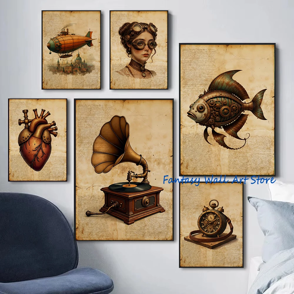 Vintage Steampunk Airship Clock Robot Fish Heart Steampunk Woman Portrait Poster Canvas Painting Wall Pictures Home Room Decor