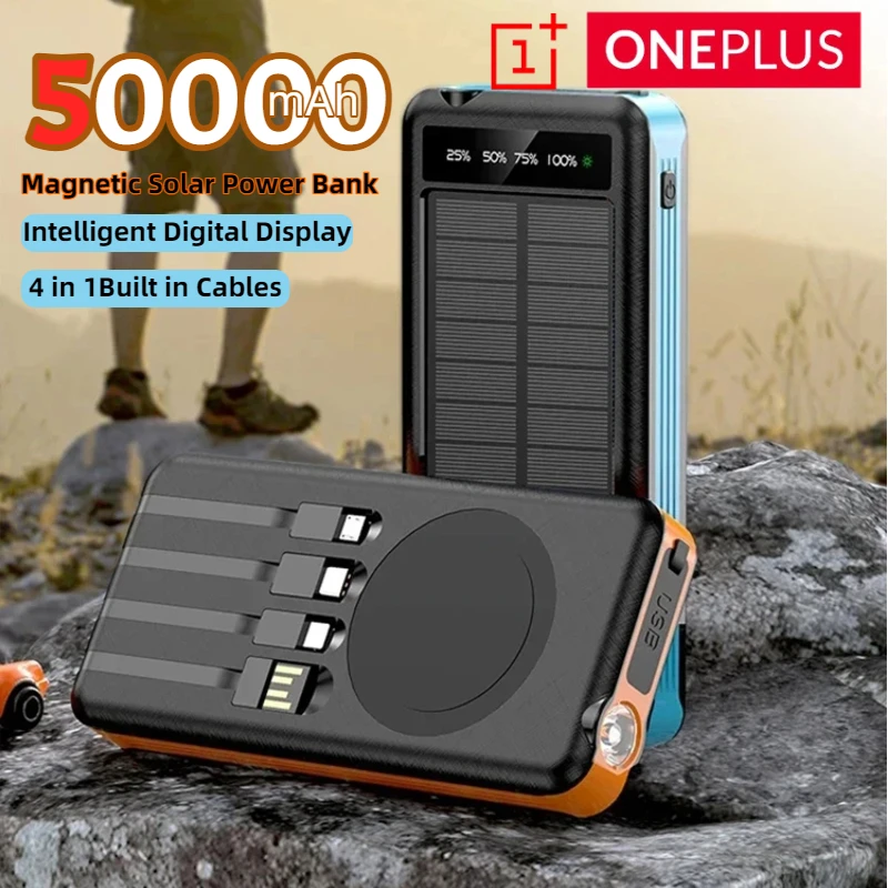 ONEPLUS 50000mAh بنك الطاقة الشمسية اللاسلكية شحن سريع بطارية سعة كبيرة الطاقة المتنقلة المزدوج USB 4 كابلات آيفون Samsun