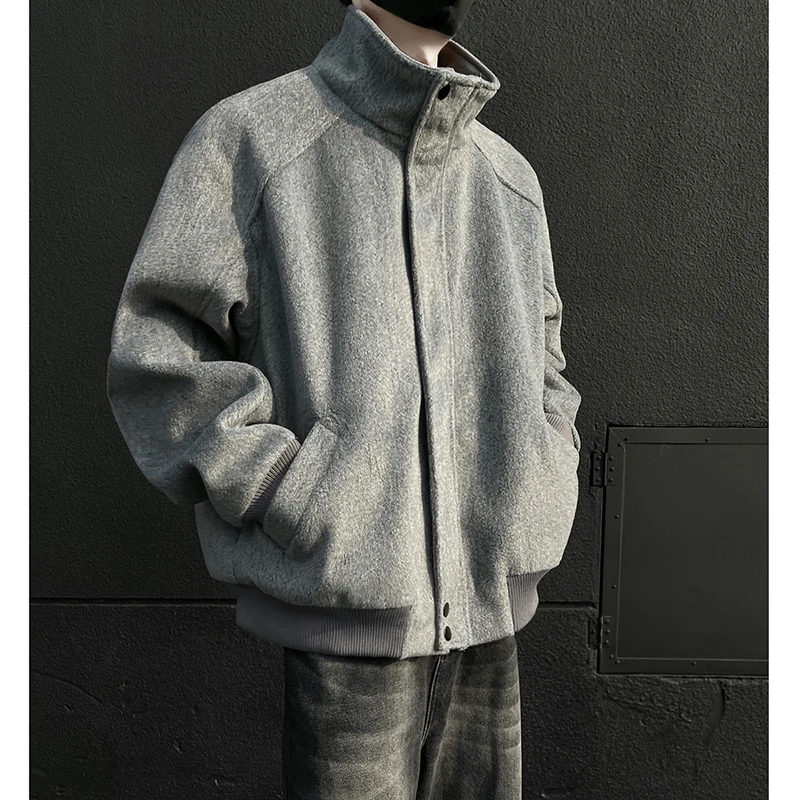 

ay Woolen ort Jaet Men's Autumn Winter Faion Retro Cleanfit Stand Collar Coat Youth ular Polyester Fiber Long Sve