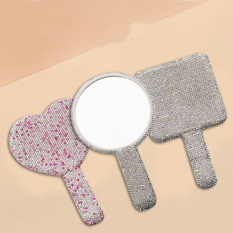 Luxury Rhinestone Handheld Makeup Mirror Travel Mirror with Handle Portable Bling Makeup Tool Accessories Square Round Heart