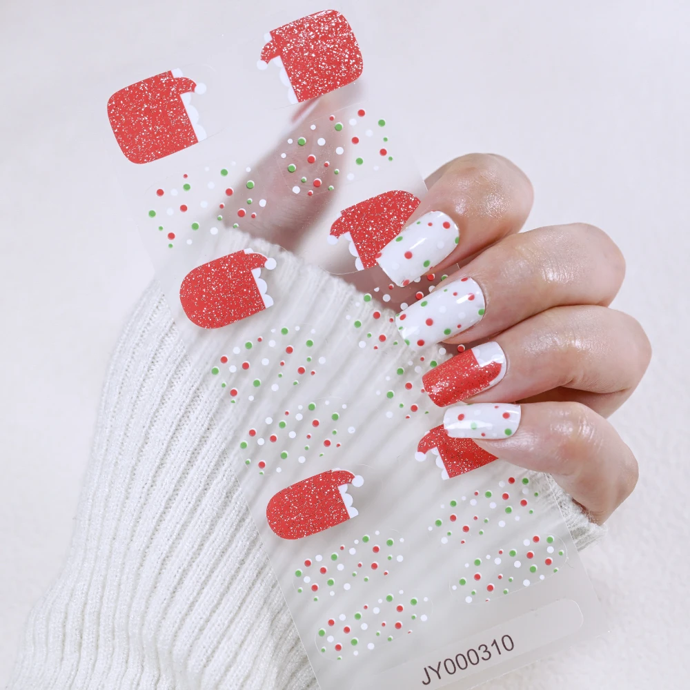 16 puntas de pegatinas de uñas de Gel completo de Navidad roja, copos de nieve, diseño de línea de brillo de estrella, envolturas de uñas sin hornear, deslizador de Navidad autoadhesivo
