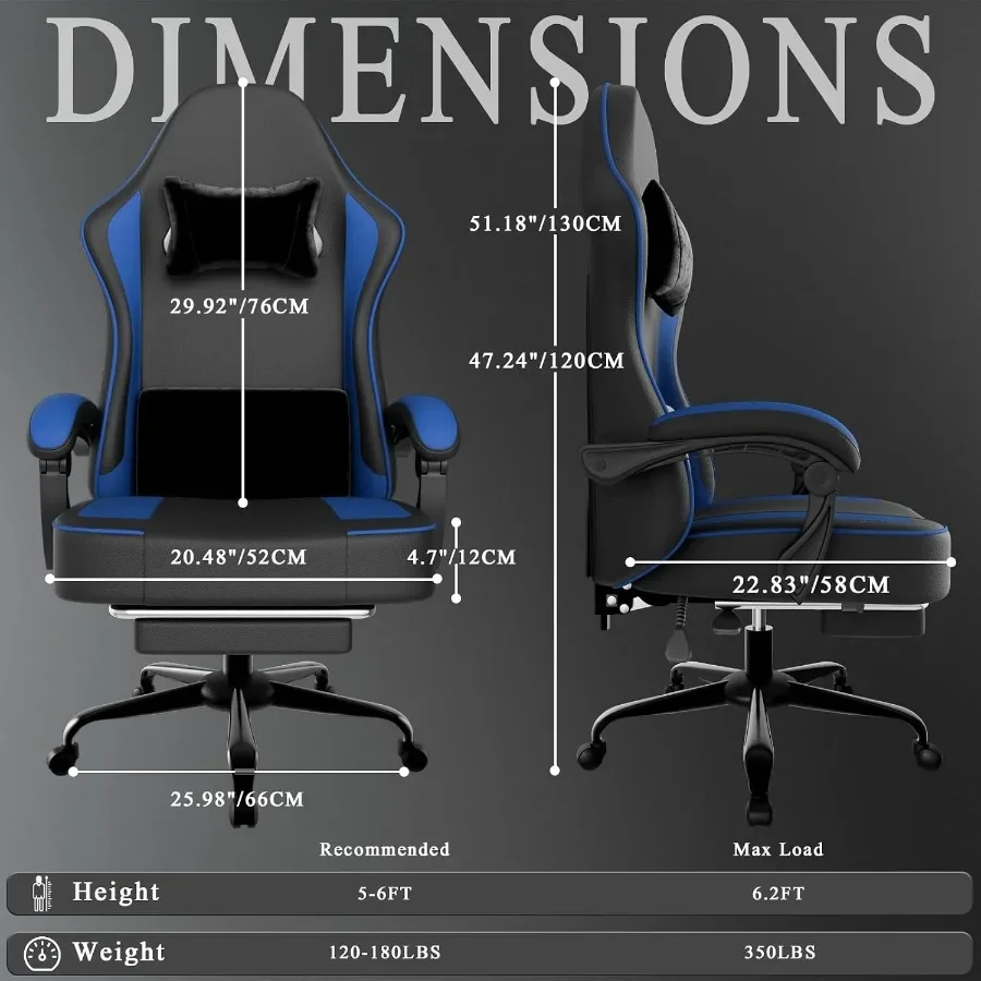 Ergonomic Gaming Chair for Desk Seating Blue PU Leather with Pocket Spring Cushion, Footrest, Adjustable Headrest Lumbar Suppor