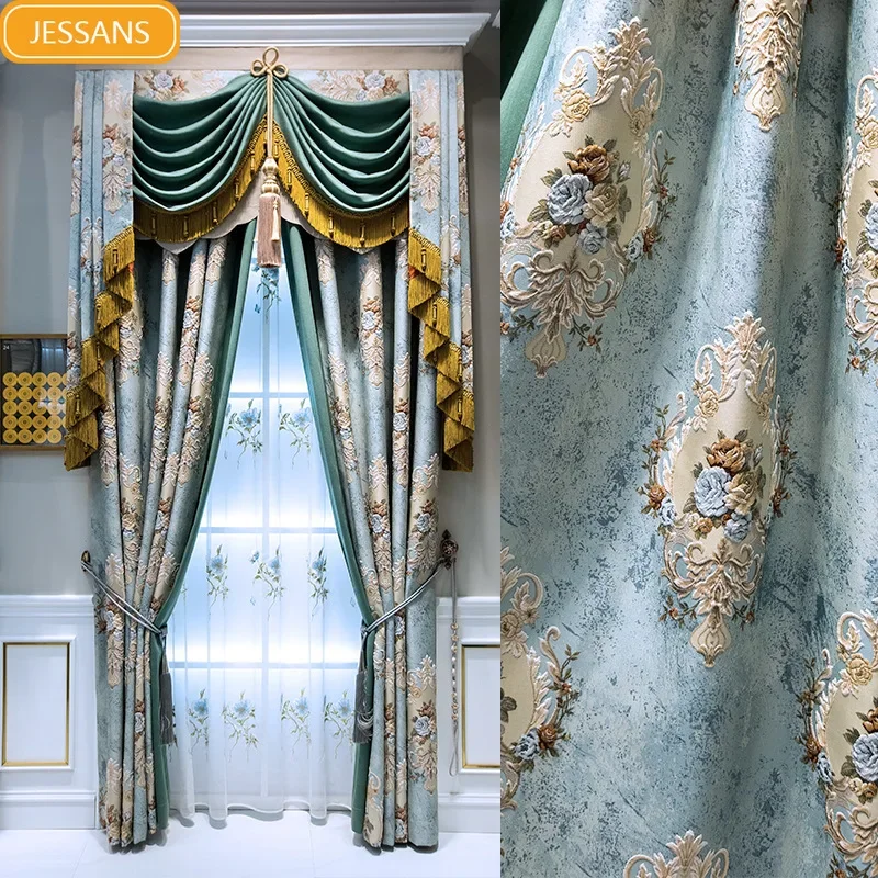 High Grade Light Blue Relief Jacquard Curtains for Living Room Bedroom Villa French Window Custom Embroidered Window Screen