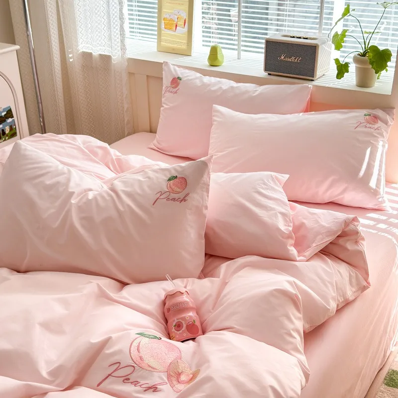 

New Fruit Pie All Cotton Washed Cotton Embroidered Four Piece Set Pure Cotton Solid Color Embroidered Bedding