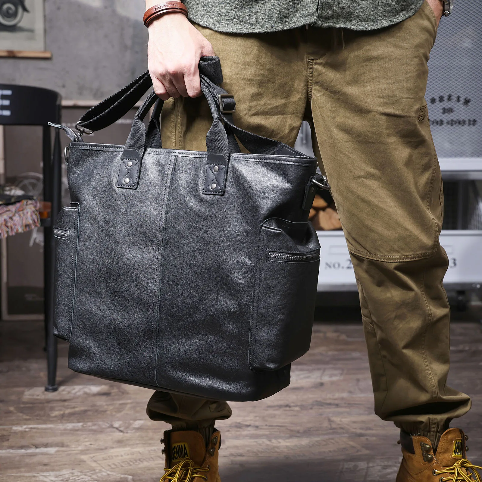 Echtleder Herren-Aktentasche 15 Zoll Laptop-Tasche Einfache Rindsleder-Handtasche Pflanzlich gegerbtes Leder Modischer Casual-Stil – Detail 6