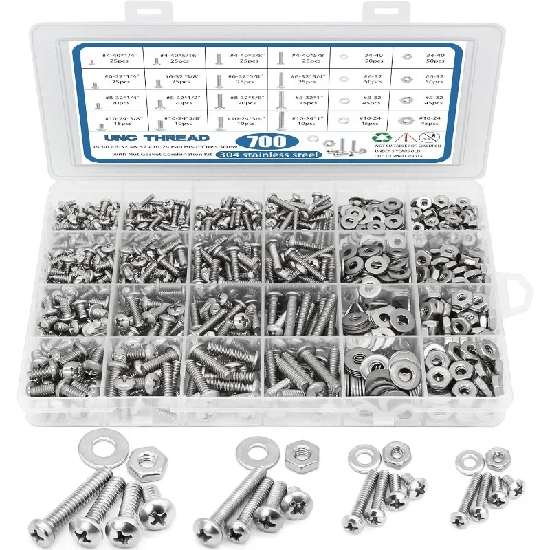 700Pcs Boxs Nuts and Bolts Assortment Kit Stainless Steel Bolts Nut Flat Washers Nuts Bolt M2M3M4M5 Phillips Pan Head Screws Set