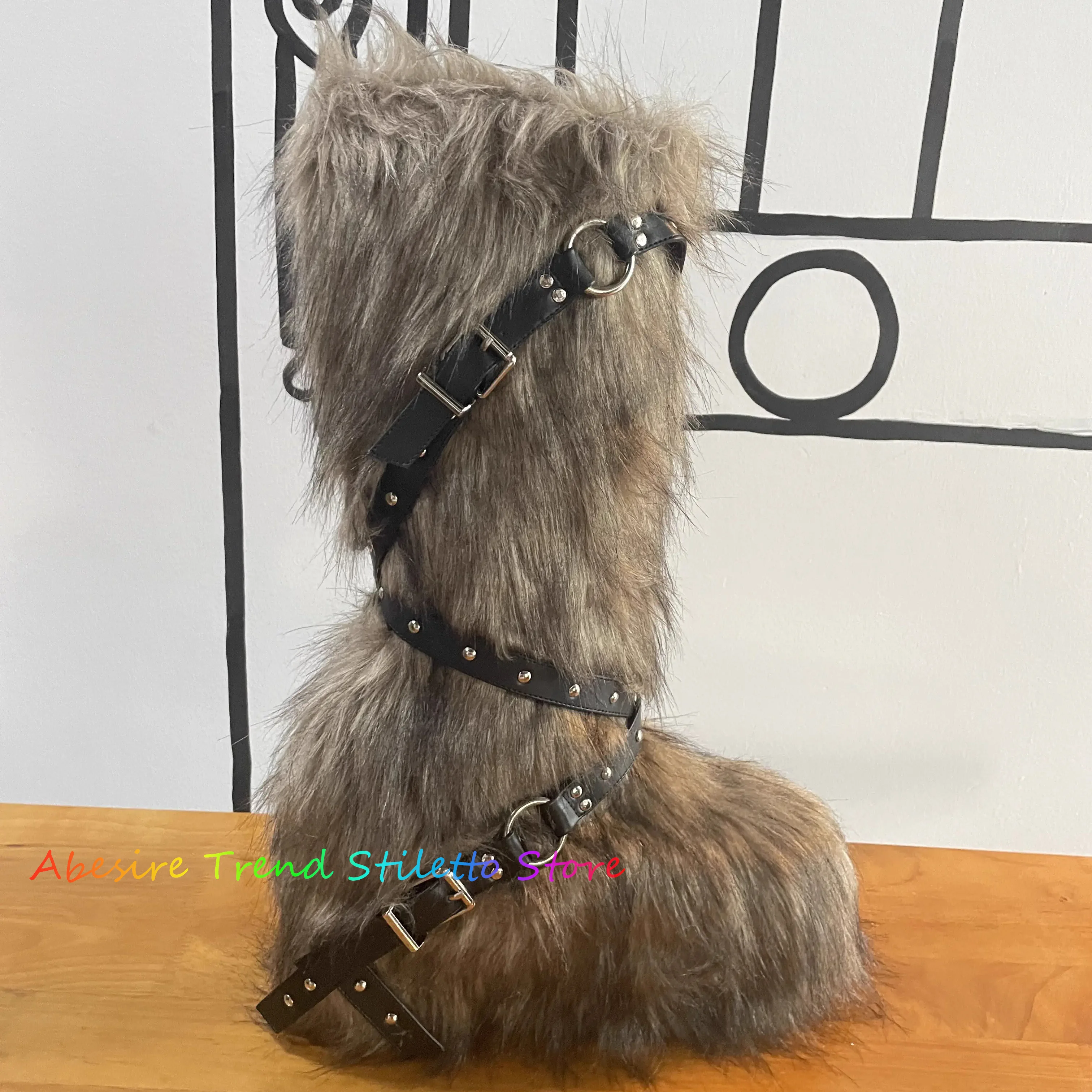 Spicy Girl White Faux Fur Knee High Boot Round Toe Platform Rivet Belt Buckle Thick Sole Fluffy Fuzzy Lady Winter Snow Booties