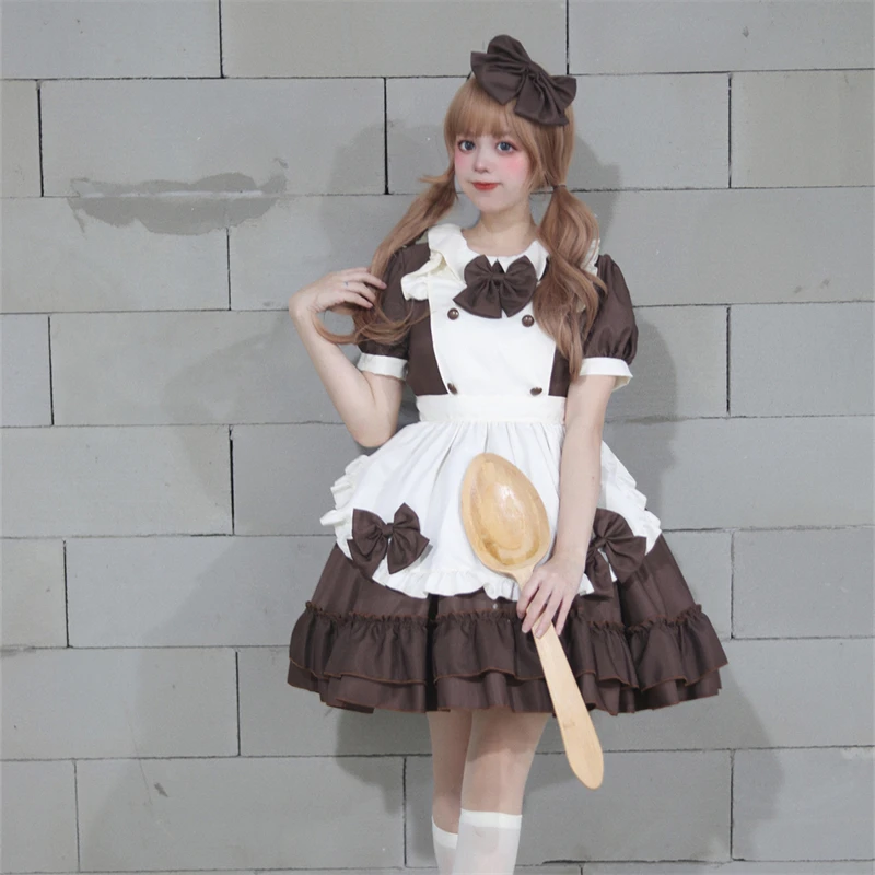 Vintage Koffie Gekleurde Lolita Outfit Japanse Anime Meid Cosplay Kostuum Strik Schort En Pop Hals Bubble Mouw Mini Jurk Pak