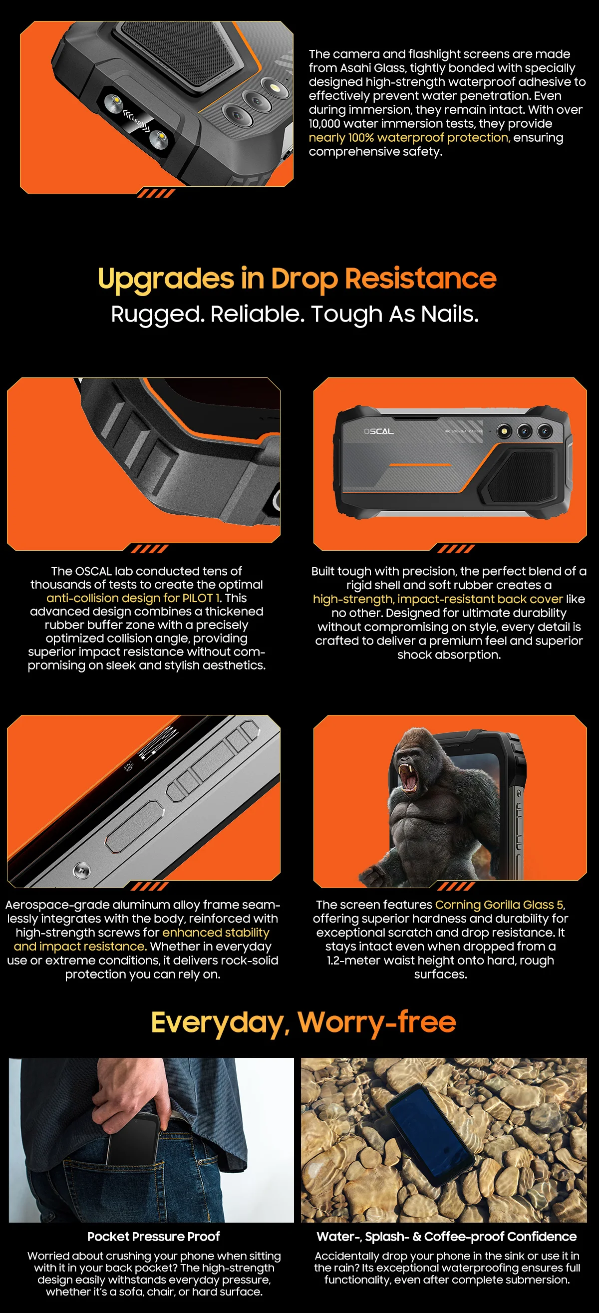 OSCAL Pilot 1 6.67'' Rugged Phone, Gemini AI Android 14 Waterproof Outdoor Phone 8GB+256GB, Octa Core, 15000mAh (33W), Dual 4G