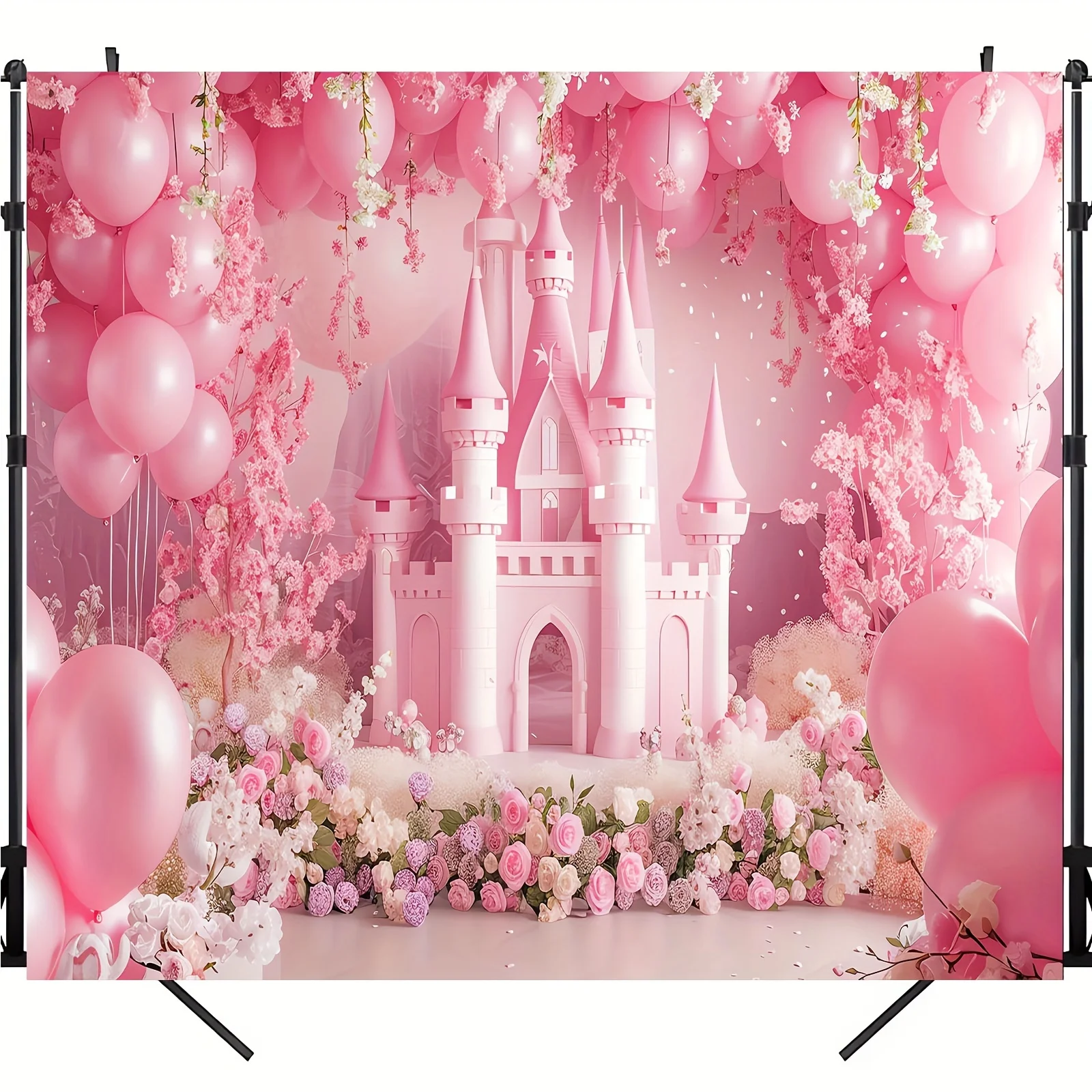 Fond de fête de princesse château rose, fête d\'anniversaire avec ballons arqués et motif floral