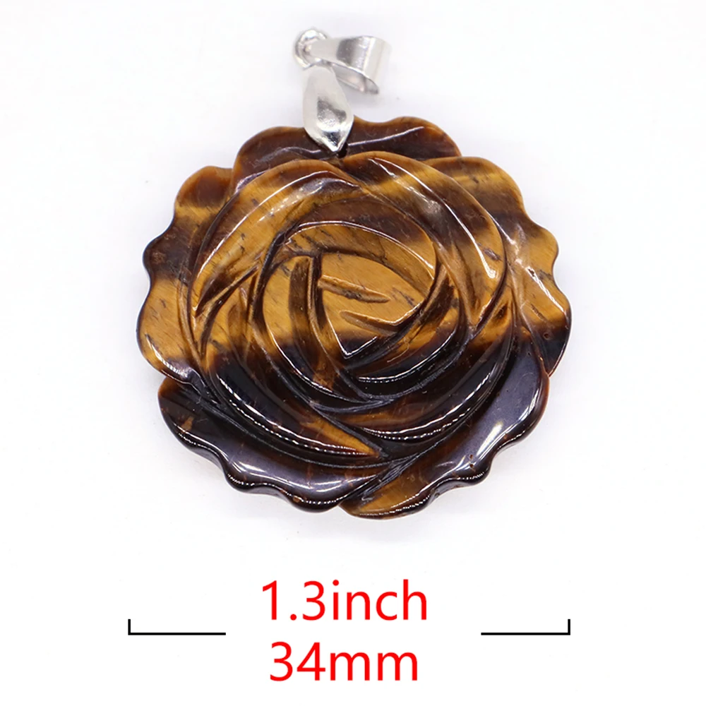 Natural Crystal Gemstone Carved Rose Flower Center Pendant Bead Black Obsidian Lapis Lazuli Necklace Charm, Jewelry Making, 1.3