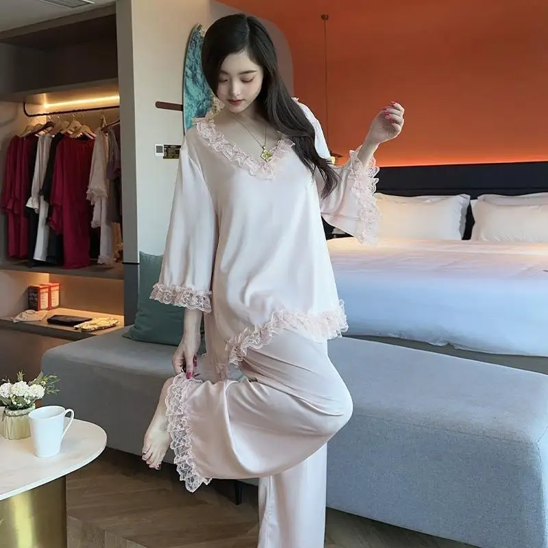 

Новый модный женский пижамный комплект с бюстгальтером с подкладкой, рукавами 3/4, из хлопка, больших размеров, для дома и улицы, весенняя домашняя одежда в стиле инфлюенсеров