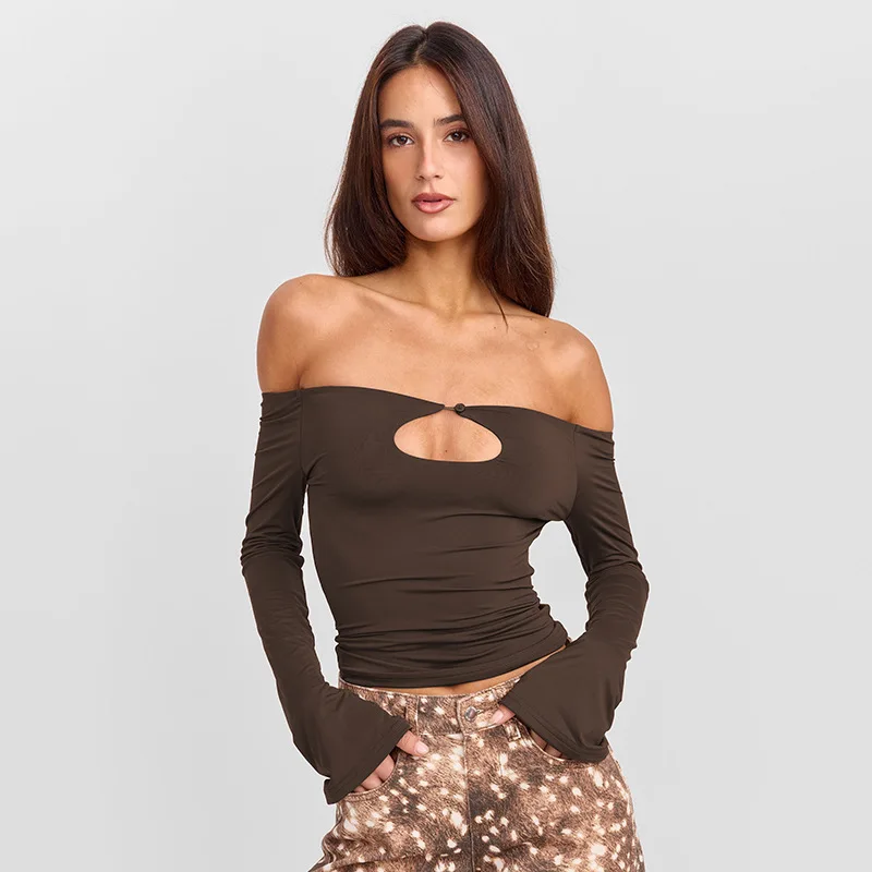 Women Solid Hollow Out Off Shoulder Slim Fit T-shirts Fashion Sexy Slash Neck Flare Long Sleeve Backless Casual Tees Street Tops